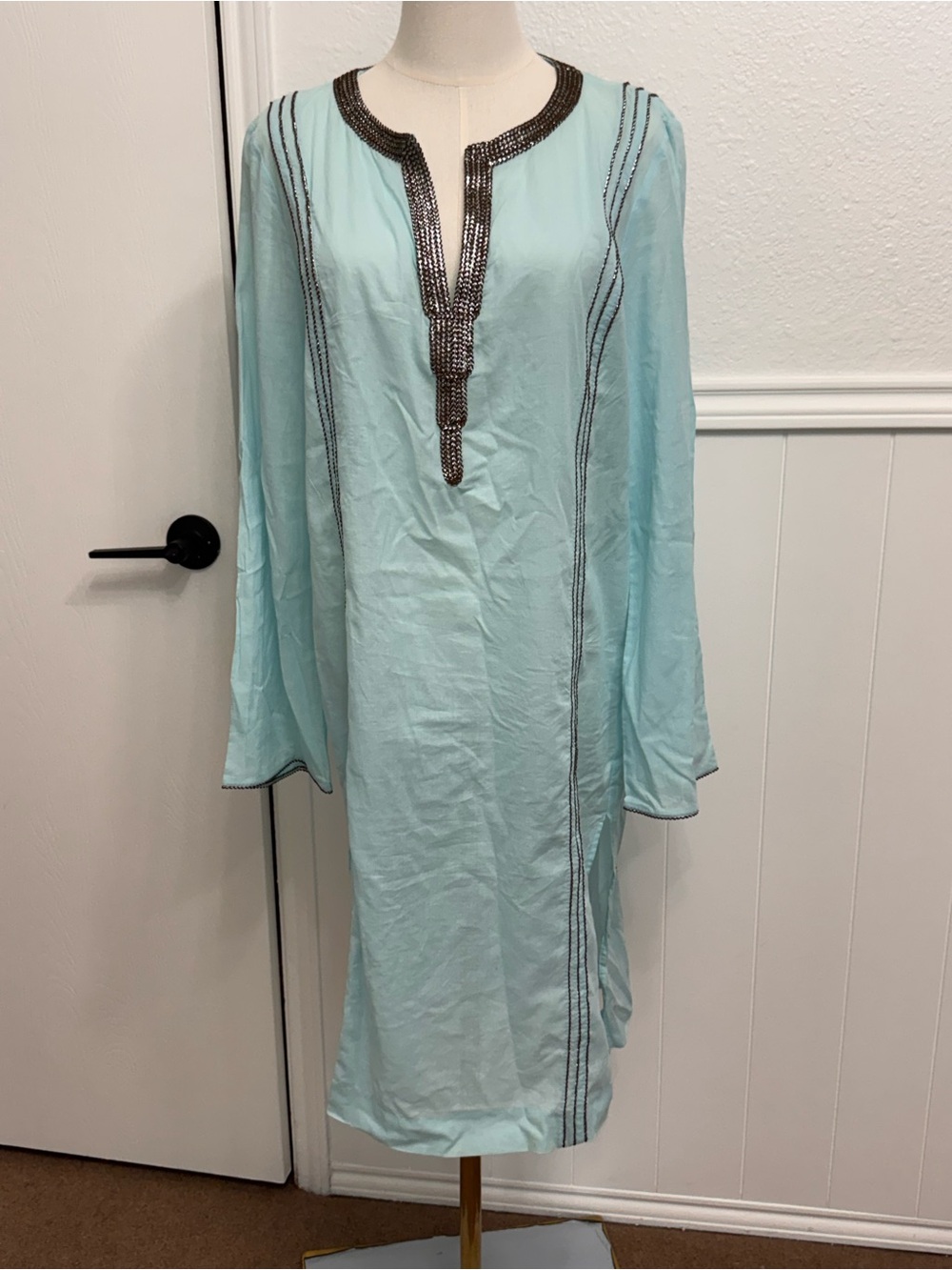 Tory Burch Light Blue Tunic Dress with Dark Beaded Trim
